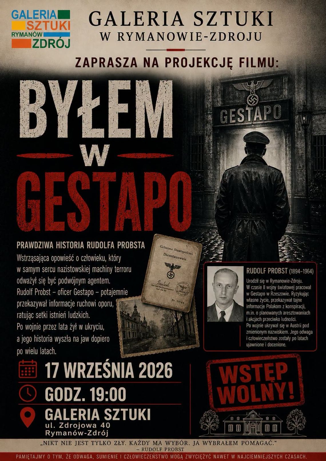 Plakat projekcji filmu „Byłem w Gestapo” w Galerii Sztuki w Rymanowie-Zdroju