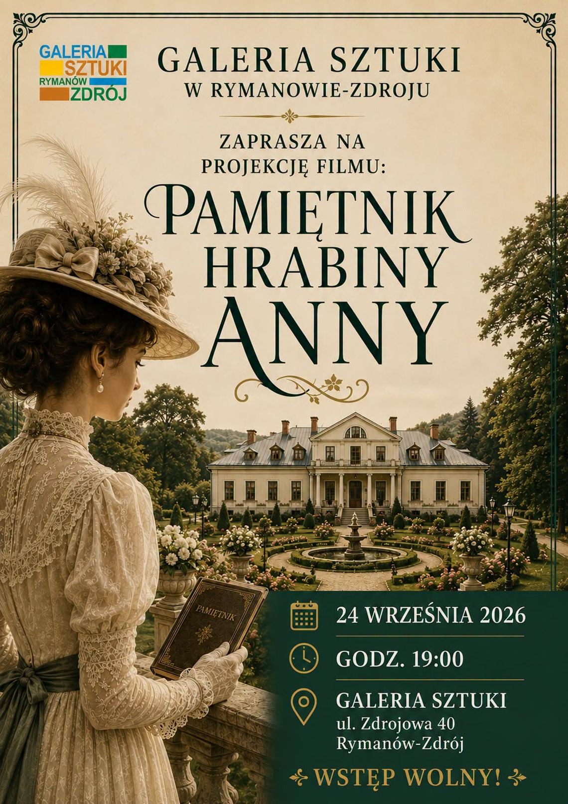 Projekcja filmu „Pamiętnik Hrabiny Anny” Plakat projekcji filmu „Pamiętnik Hrabiny Anny” w Galerii Sztuki w Rymanowie-Zdroju