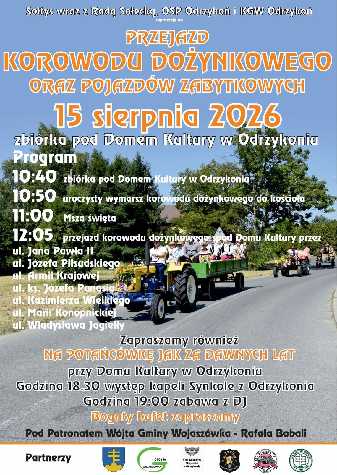 Przejazd Korowodu Dożynkowego oraz Pojazdów Zabytkowych Plakat wydarzenia Przejazd Korowodu Dożynkowego oraz Pojazdów Zabytkowych w Odrzykoniu