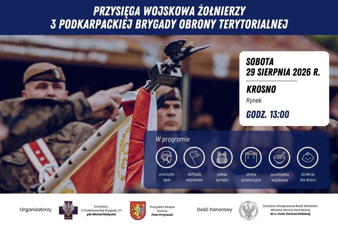 Plakat zapowiadający przysięgę wojskową żołnierzy 3 Podkarpackiej Brygady Obrony Terytorialnej w Krośnie