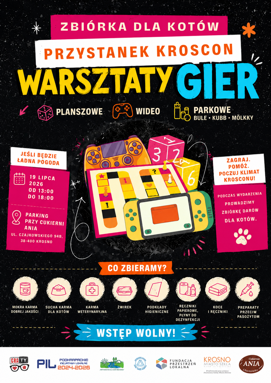 Plakat wydarzenia Przystanek Kroscon – Warsztaty Gier i zbiórka dla kotów w Krośnie
