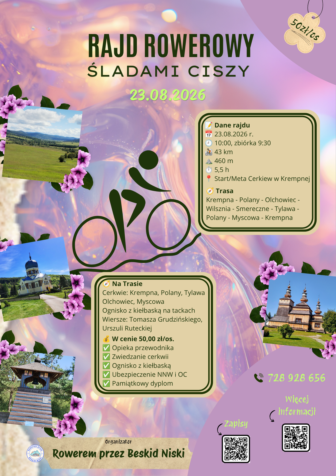 Plakat rajdu rowerowego Śladami Ciszy z datą 23.08.2026 i informacjami o trasie w Krempnej