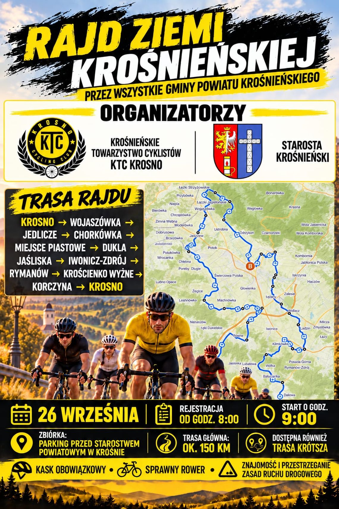 Rajd Ziemi Krośnieńskiej 2026 Plakat wydarzenia Rajd Ziemi Krośnieńskiej z trasą rowerową, mapą i informacjami o starcie w Krośnie
