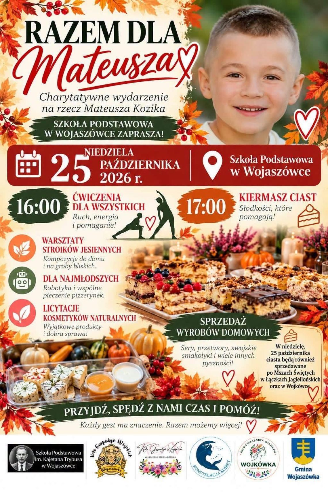Razem dla Mateusza w Wojaszówce - charytatywny kiermasz, warsztaty i rodzinne atrakcje Plakat charytatywnego wydarzenia „Razem dla Mateusza” w Szkole Podstawowej w Wojaszówce