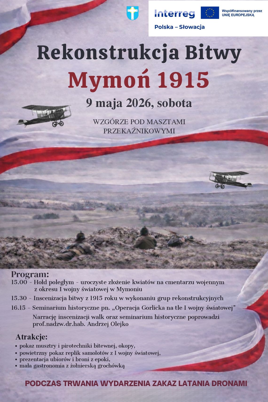 Plakat Rekonstrukcja Bitwy Mymoń 1915 z datą 9 maja 2026