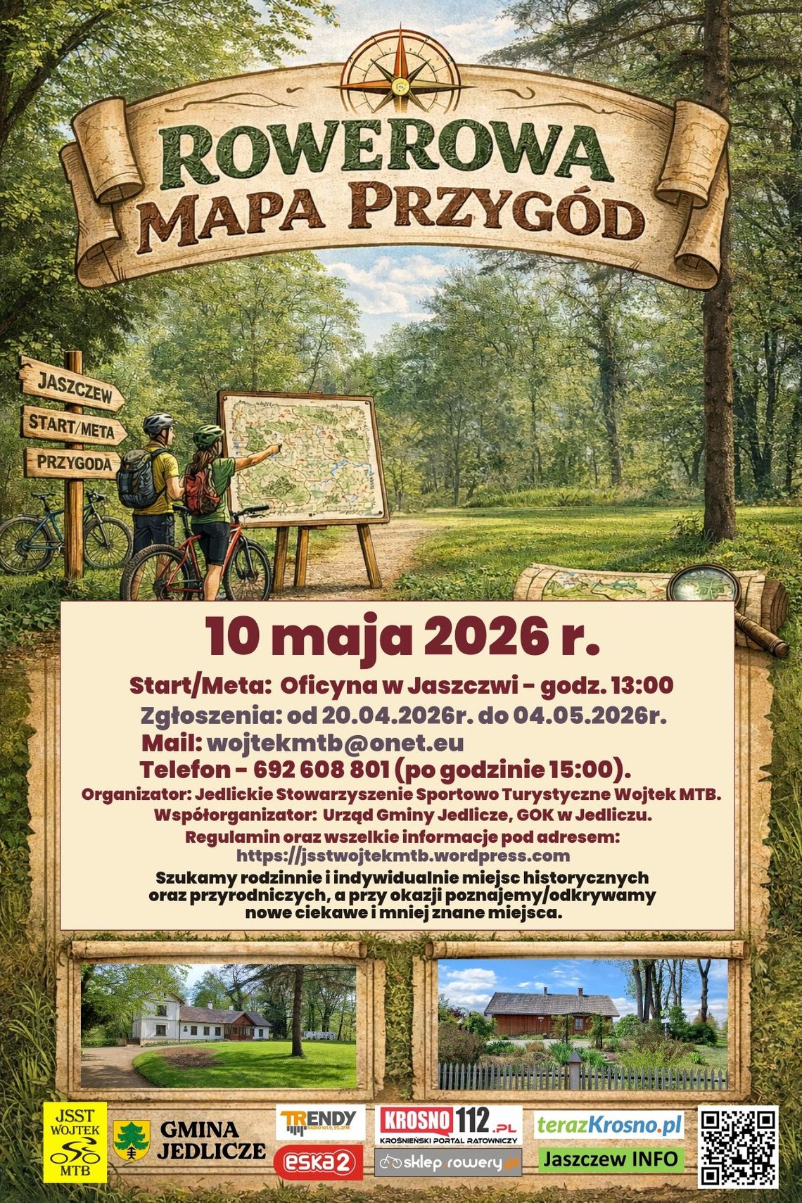 Plakat Rowerowa Mapa Przygód: rowerzyści przy mapie, data 10 maja 2026