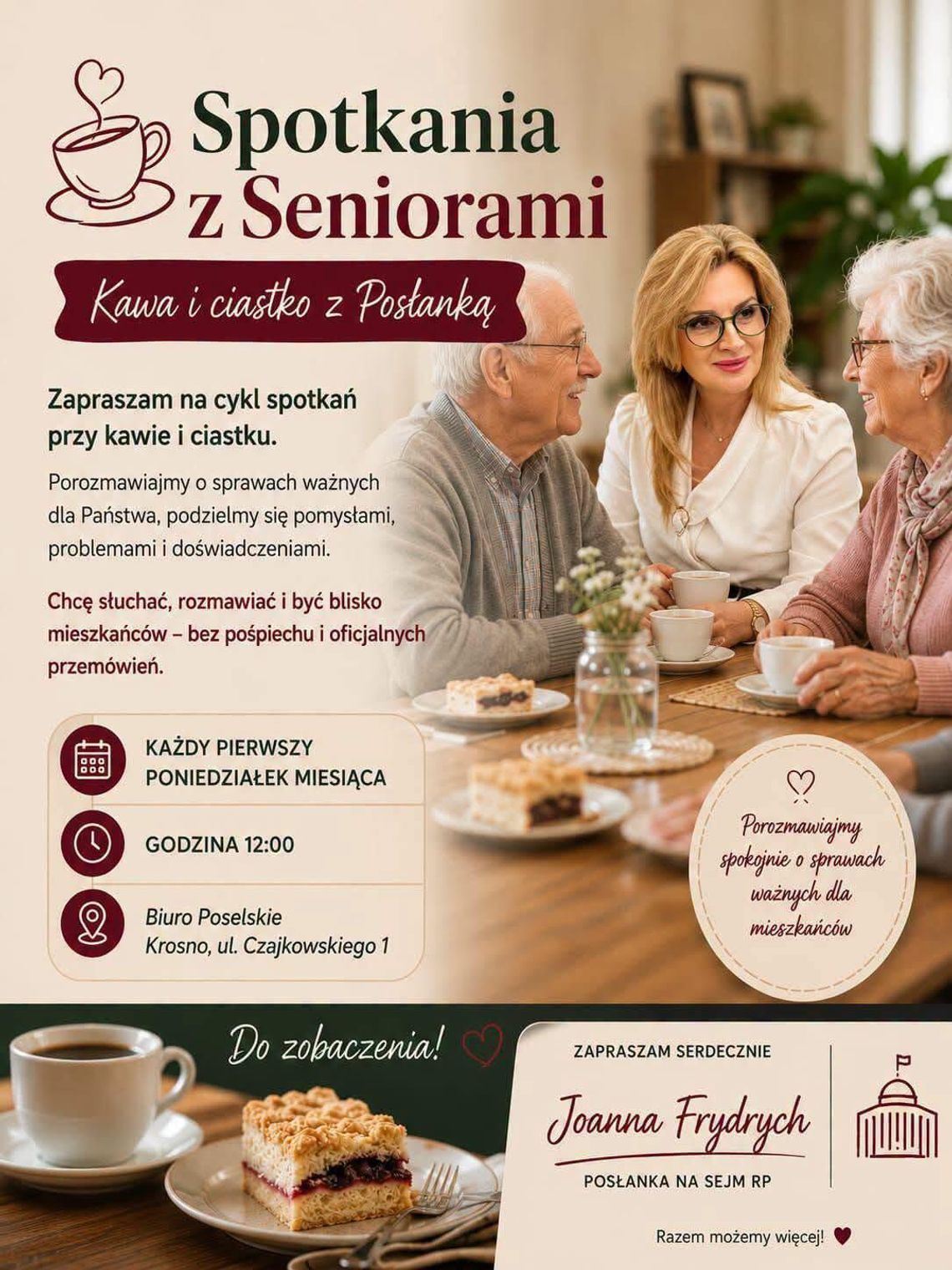 Plakat wydarzenia Spotkania z Seniorami – Kawa i ciastko z Posłanką w Krośnie