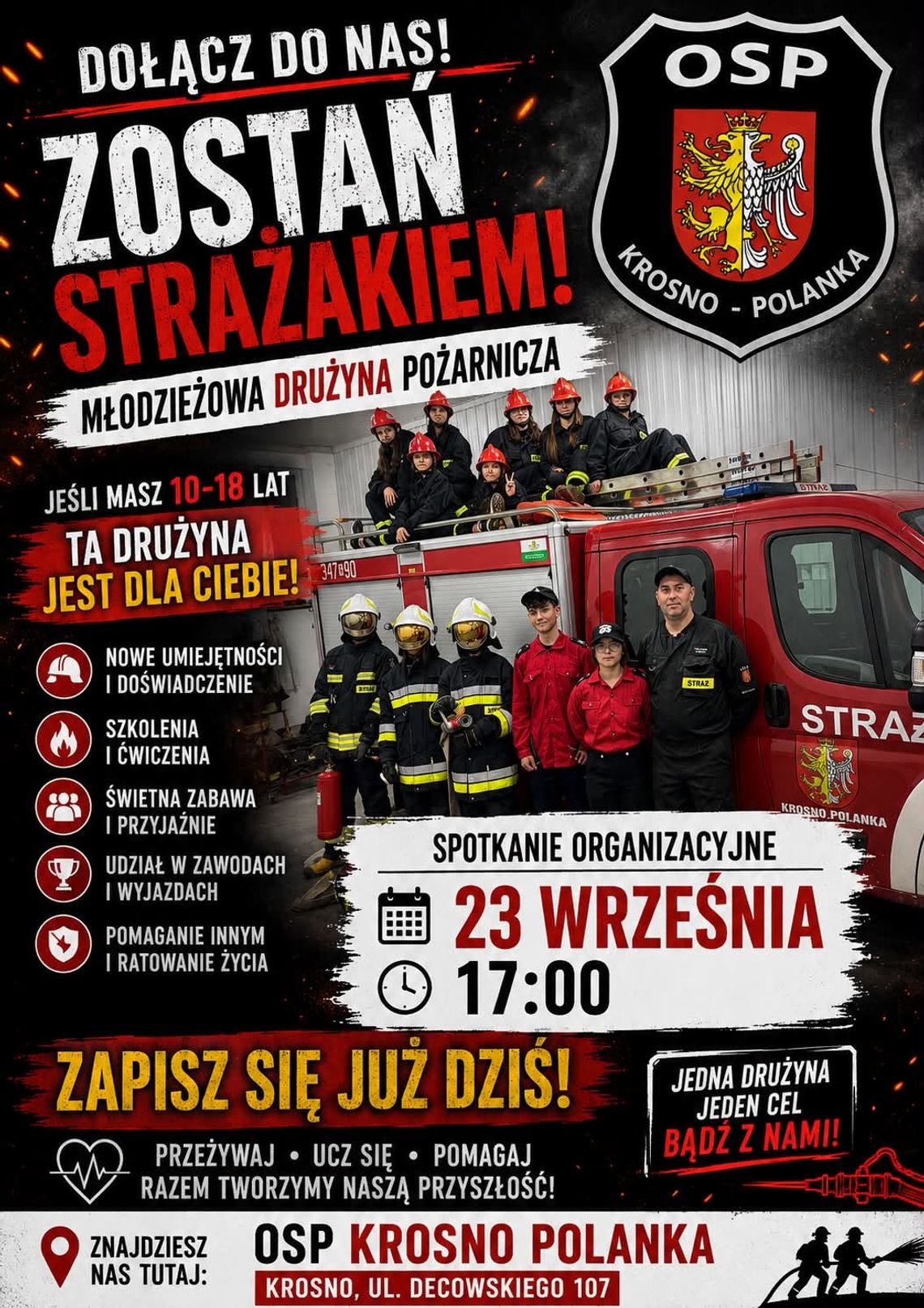 Plakat rekrutacyjny OSP Krosno Polanka do Młodzieżowej Drużyny Pożarniczej ze spotkaniem 23 września o 17:00
