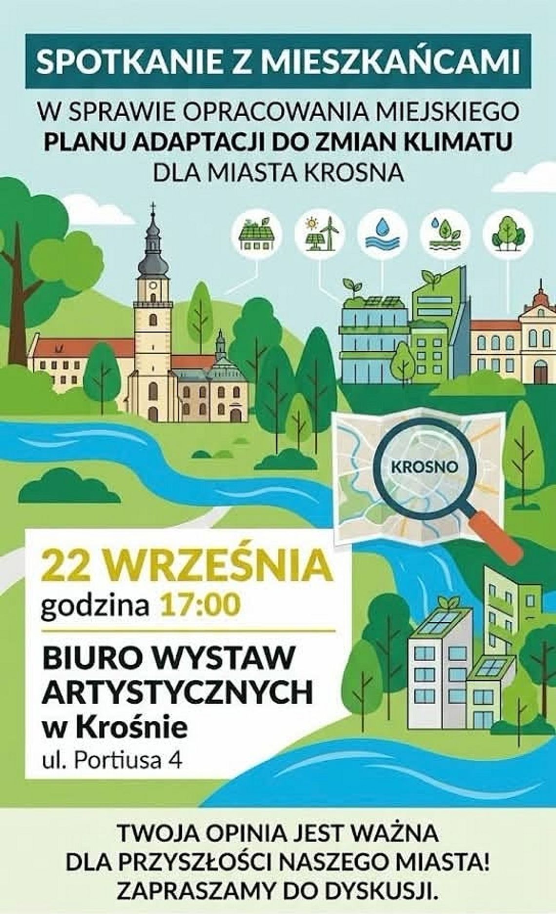 Plakat informujący o spotkaniu z mieszkańcami w sprawie Miejskiego Planu Adaptacji do Zmian Klimatu dla Miasta Krosna