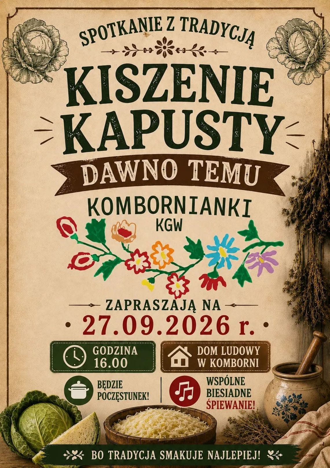 Plakat wydarzenia Spotkanie z tradycją: Kiszenie kapusty dawno temu w Komborni