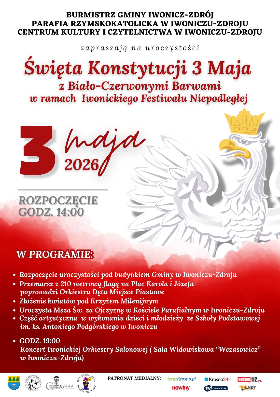 Plakat obchodów Święta Konstytucji 3 Maja 2026 w Iwoniczu‑Zdroju z orłem i datą 3 maja