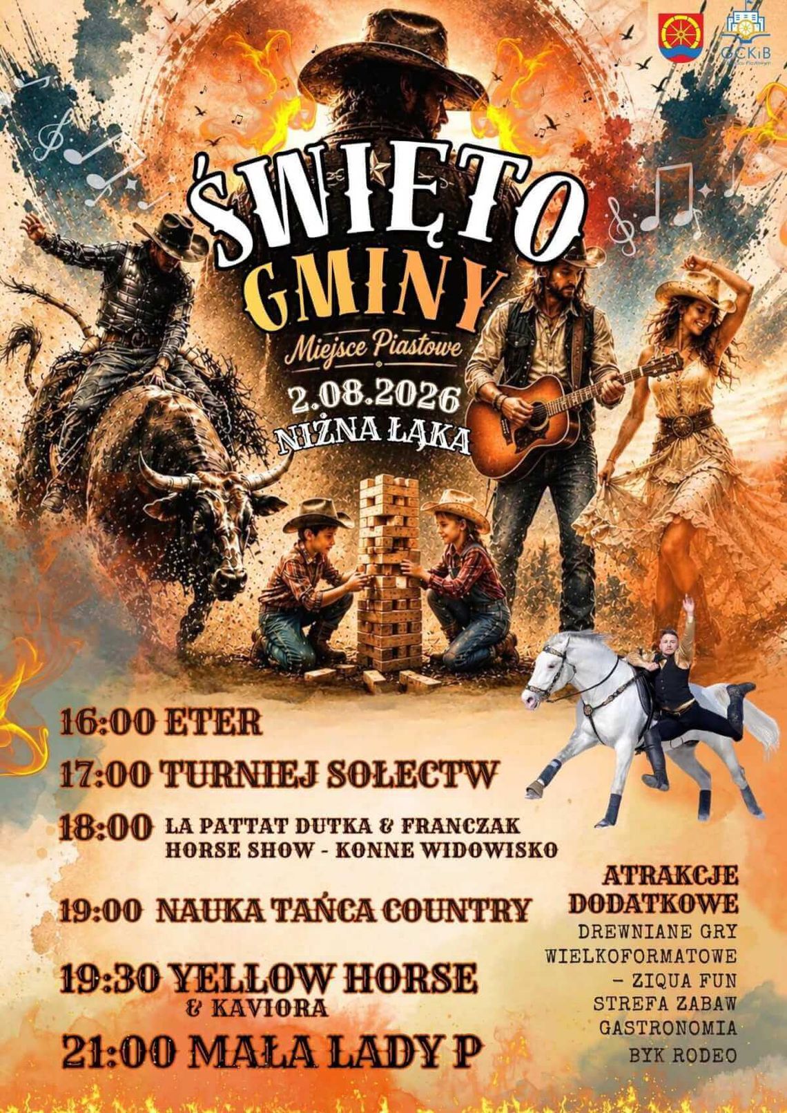 Plakat Święta Gminy Miejsce Piastowe w westernowym stylu z programem wydarzenia