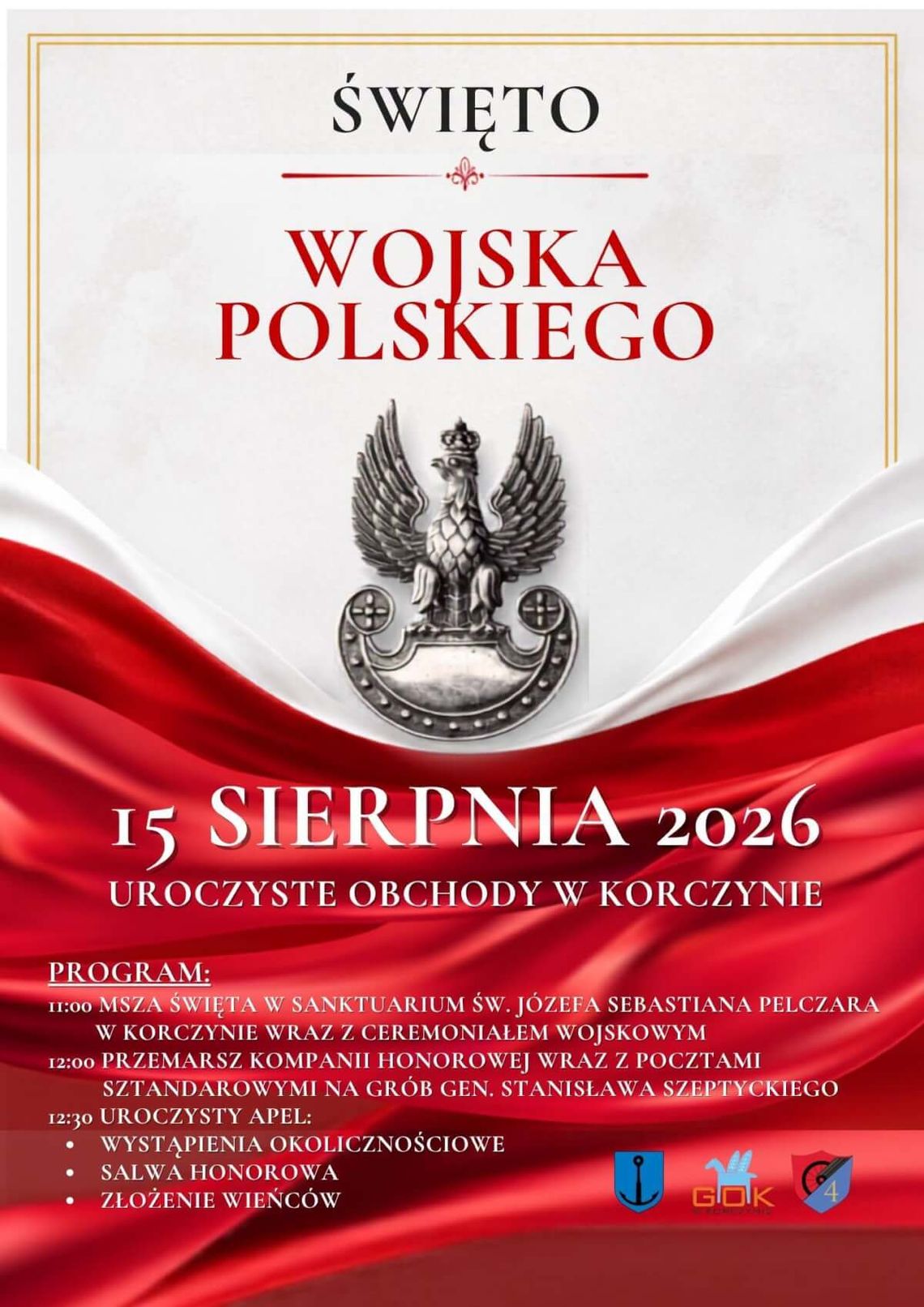 Święto Wojska Polskiego w Korczynie Plakat informujący o obchodach Święta Wojska Polskiego w Korczynie 15 sierpnia 2026 roku