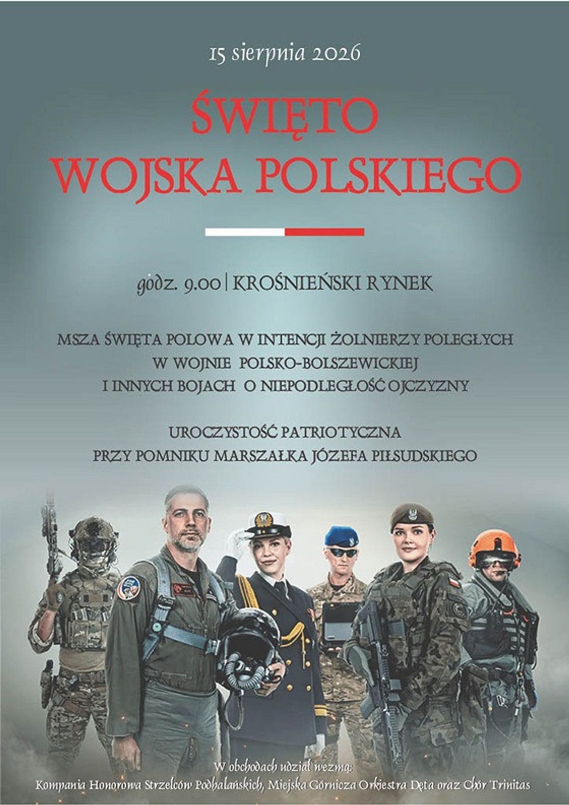 Święto Wojska Polskiego w Krośnie Plakat informujący o obchodach Święta Wojska Polskiego w Krośnie 15 sierpnia 2026 roku.