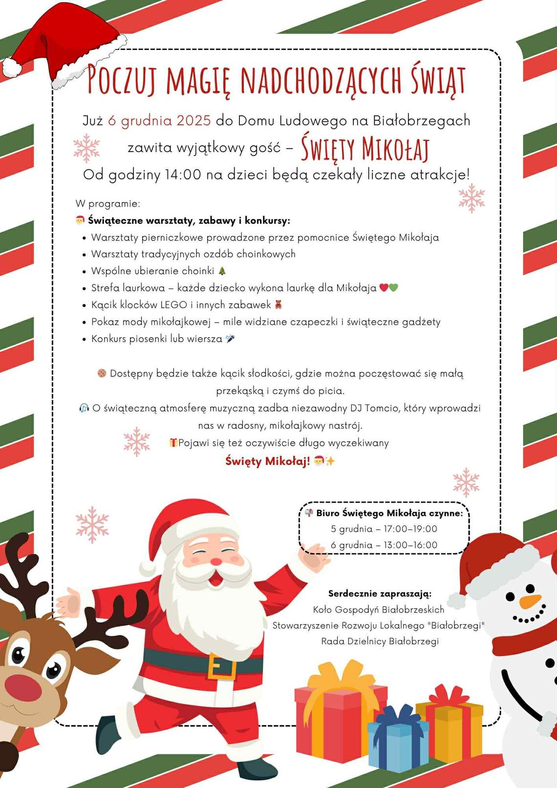 Święty Mikołaj w Domu Ludowym na Białobrzegach Plakat wydarzenia z Świętym Mikołajem