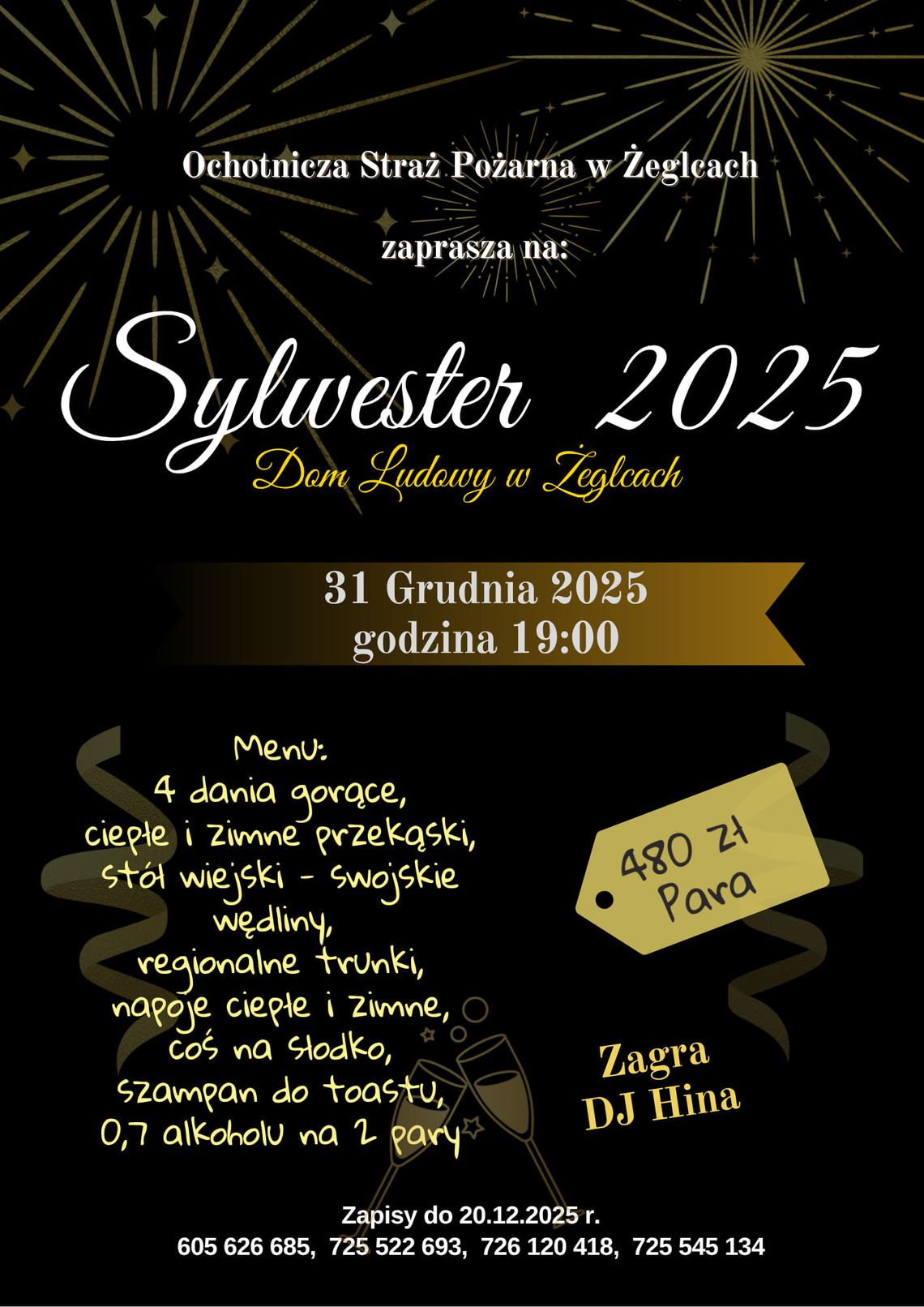 Sylwester 2025 w Domu Ludowym w Żeglcach Plakat zapraszający na Sylwestra 2025 w Żeglach