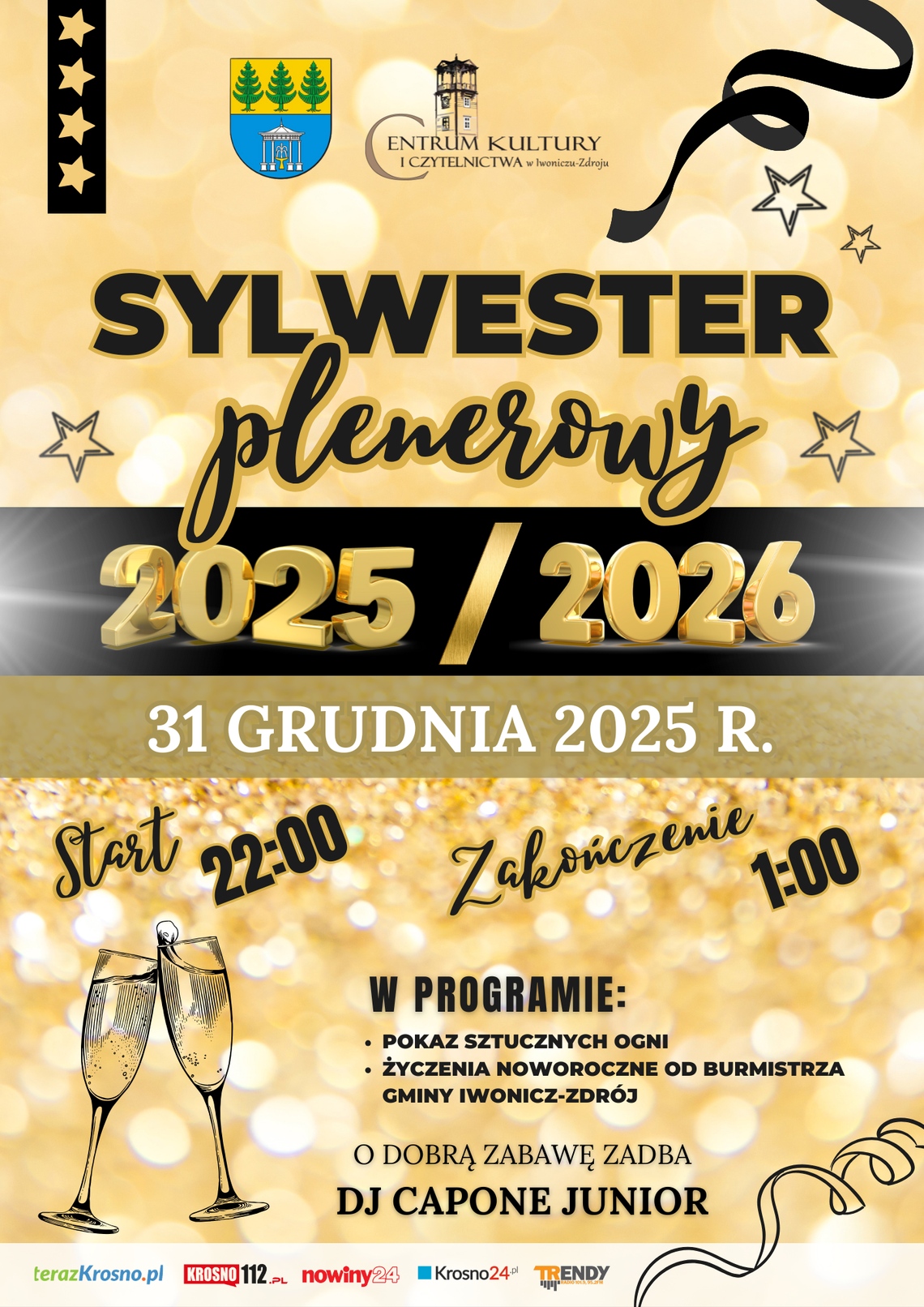 Sylwester plenerowy 2025/2026 w Iwoniczu-Zdroju Plakat sylwestry plenerowej z datą 31 grudnia 2025 r.