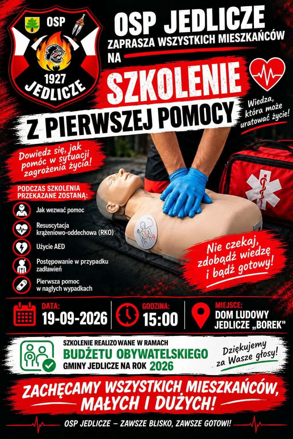 Szkolenie z pierwszej pomocy Plakat szkolenia z pierwszej pomocy organizowanego przez OSP Jedlicze