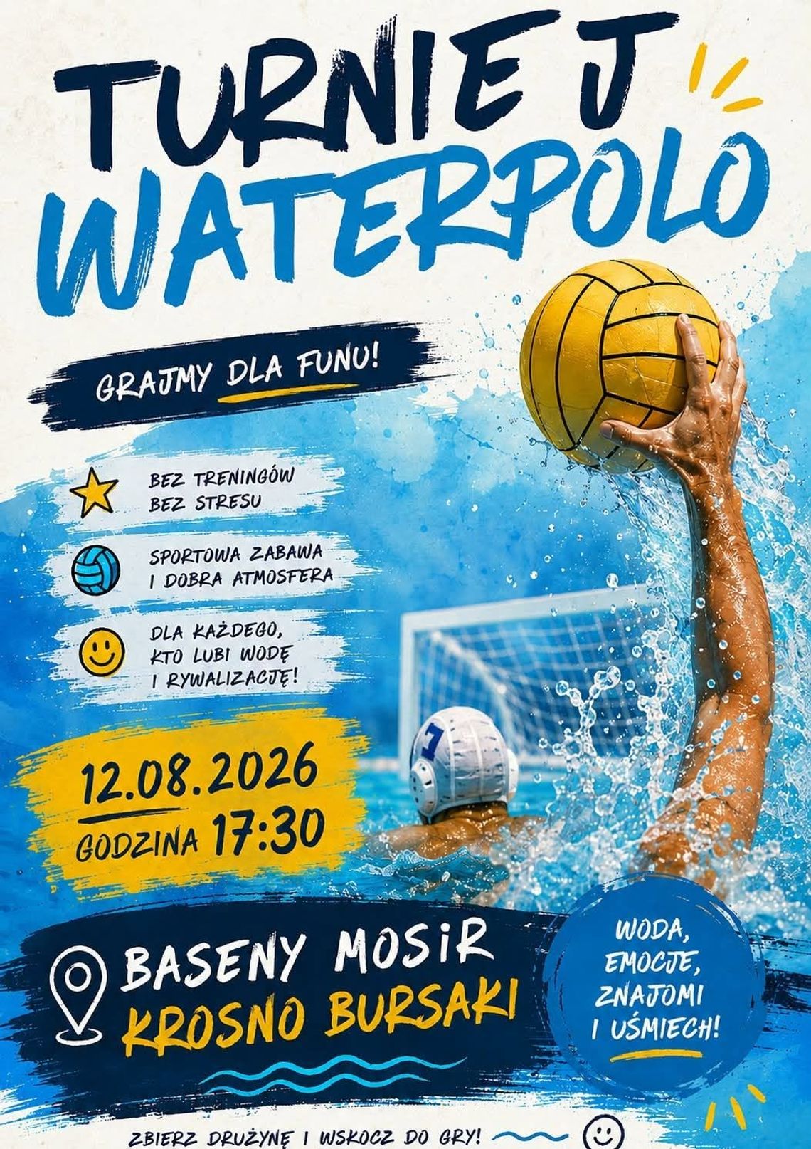 Turniej Waterpolo w Krośnie Plakat promujący Turniej Waterpolo na basenach MOSiR Krosno Bursaki