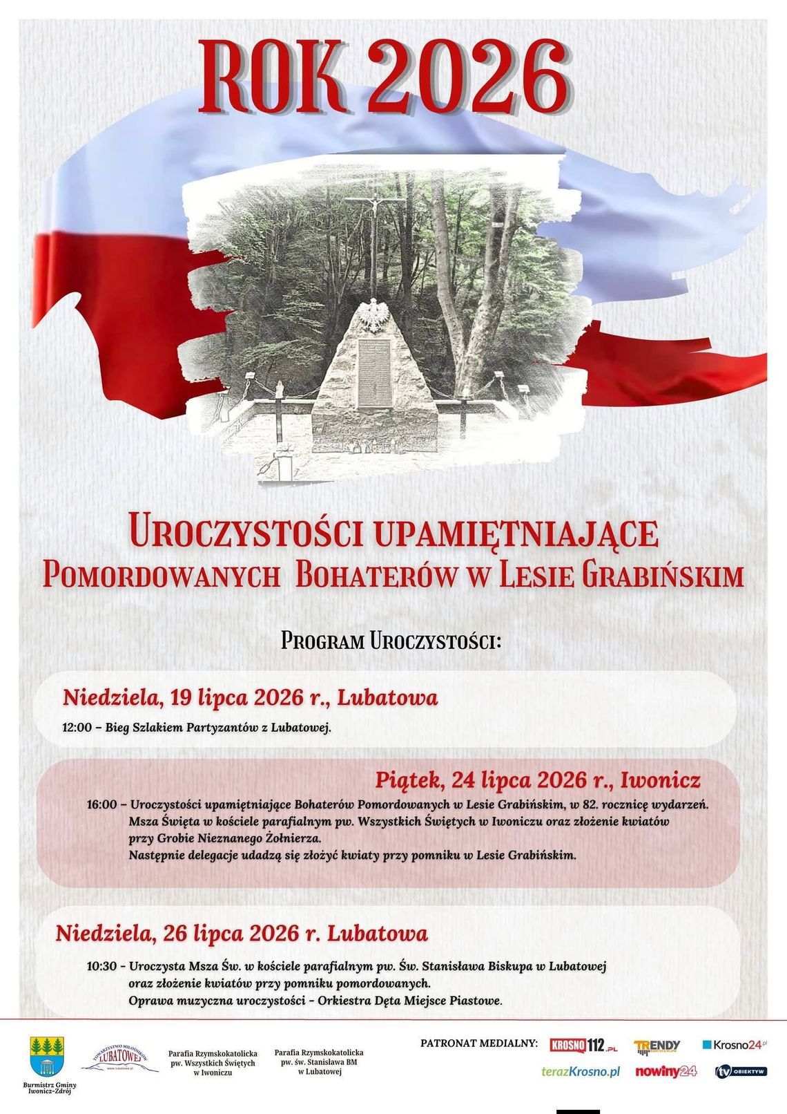 Uroczystości upamiętniające Pomordowanych Bohaterów w Lesie Grabińskim Plakat uroczystości upamiętniających Pomordowanych Bohaterów w Lesie Grabińskim w 2026 roku