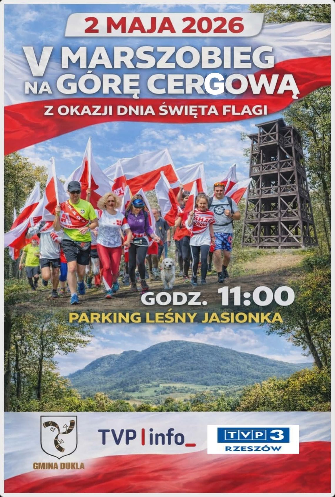 Plakat V Marszobiegu na Górę Cergową 2 maja 2026 z biegaczami niosącymi polskie flagi