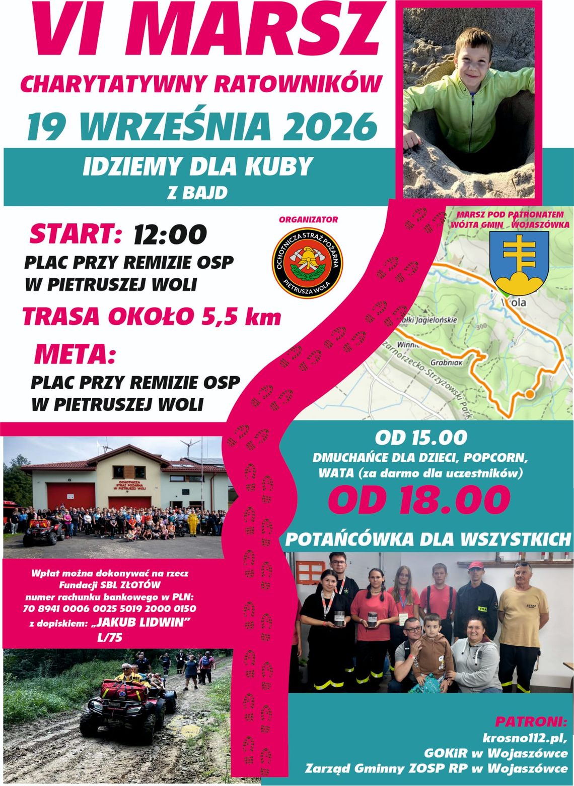 VI Marsz Charytatywny Ratowników dla Kuby z Bajd Plakat VI Marszu Charytatywnego Ratowników w Pietruszej Woli z datą, programem i zdjęciami uczestników