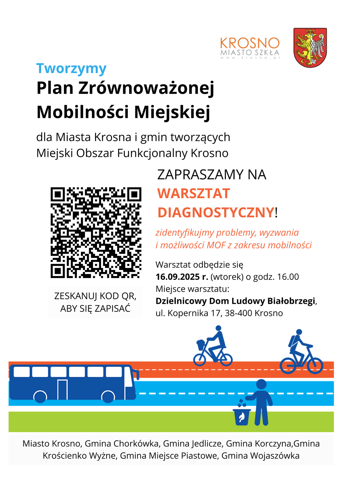 Warsztat diagnostyczny - Plan Zrównoważonej Mobilności Miejskiej Plakat zapraszający na warsztat diagnostyczny dotyczący mobilności miejskiej w Krośnie.