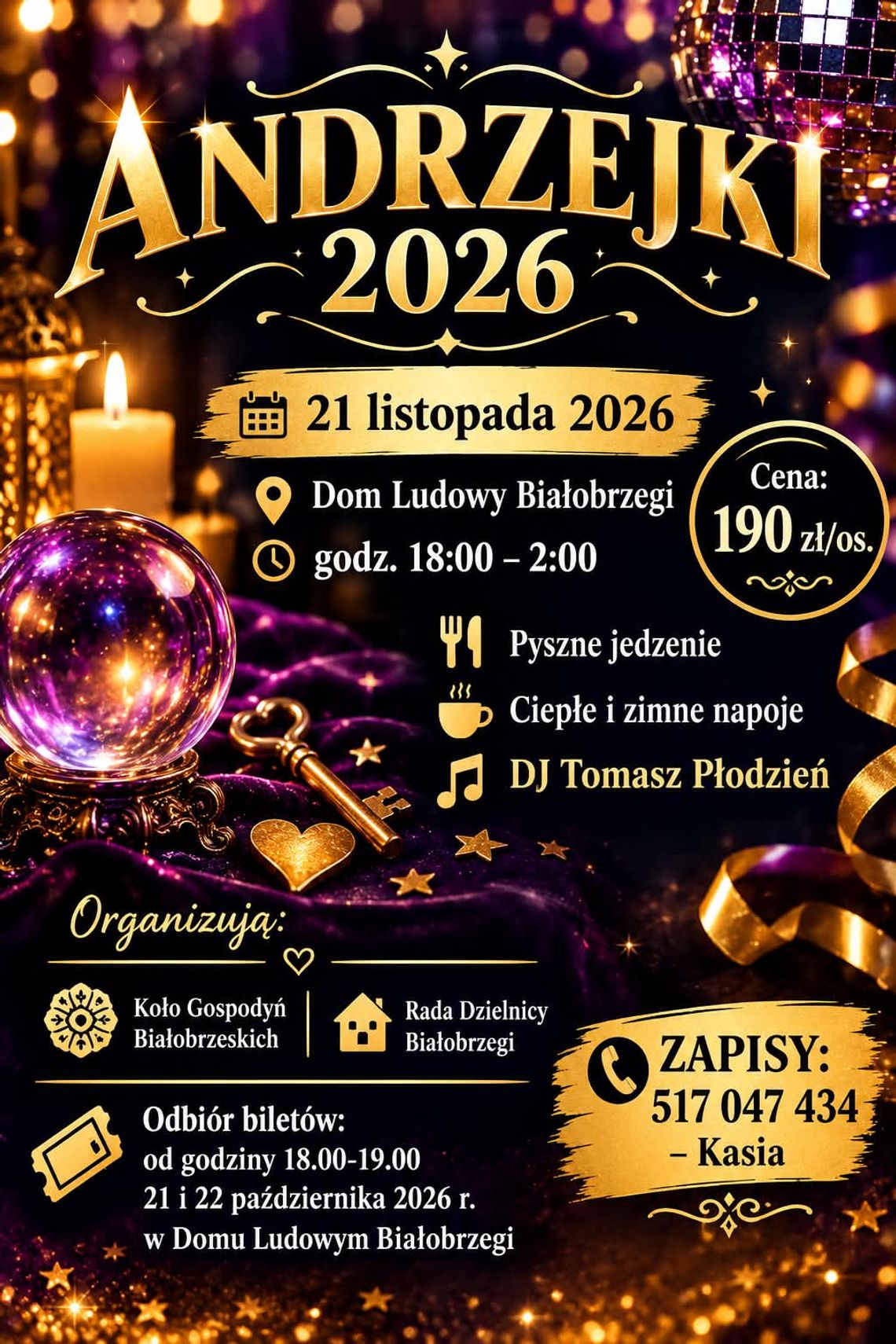 Plakat wydarzenia Andrzejki 2026 w Domu Ludowym Białobrzegi