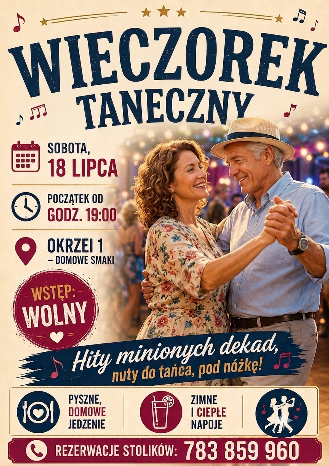 Plakat wydarzenia Wieczorek Taneczny z datą 18 lipca i informacją o wstępie wolnym