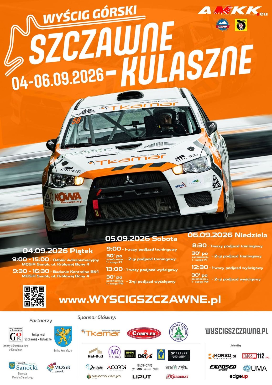 Wyścig Górski Szczawne-Kulaszne 2026 Plakat wydarzenia Wyścig Górski Szczawne-Kulaszne z samochodem wyścigowym na pomarańczowym tle