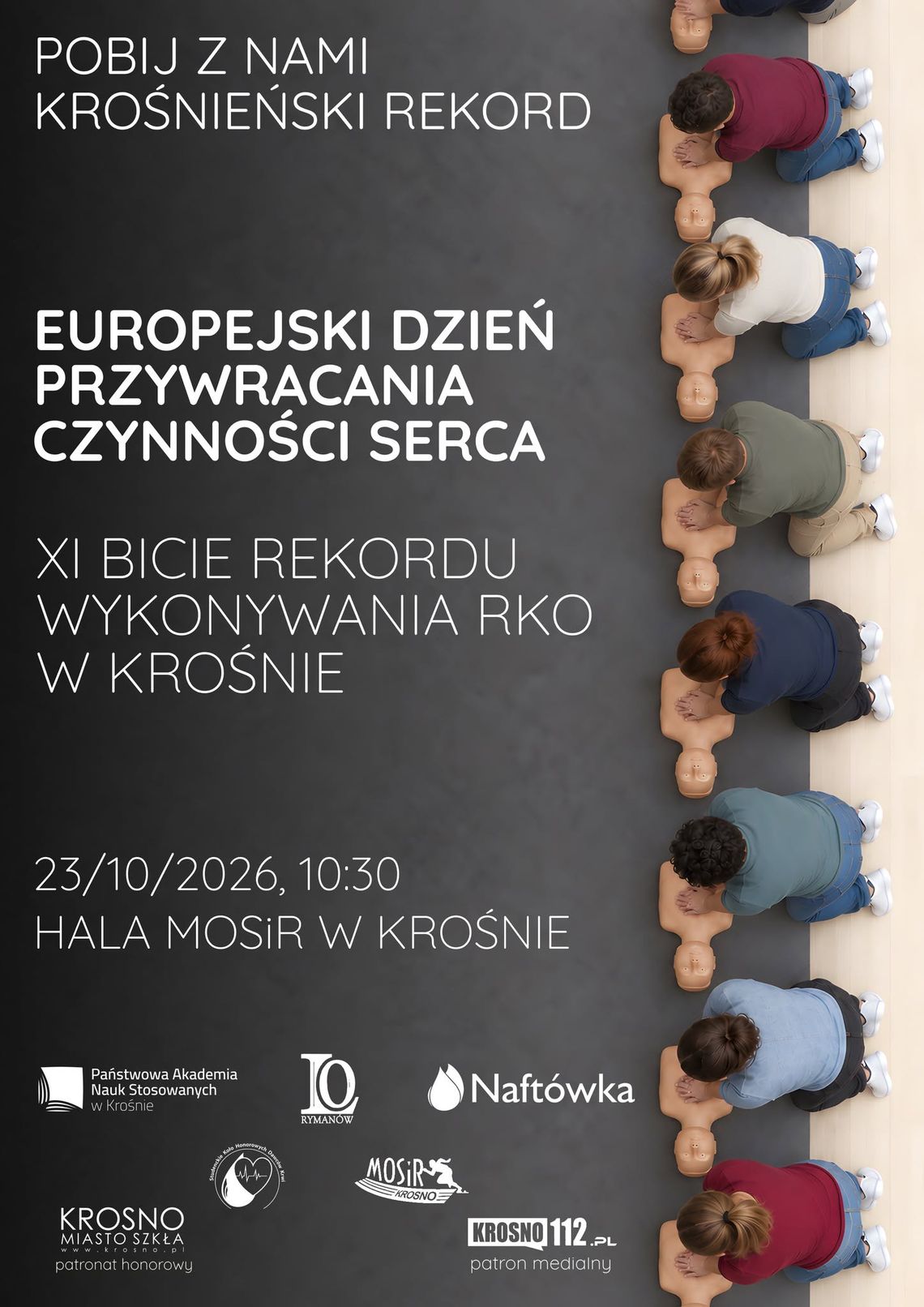 XI Bicie Rekordu Wykonywania RKO w Krośnie Plakat wydarzenia XI Bicie Rekordu Wykonywania RKO w Krośnie z osobami ćwiczącymi RKO na fantomach