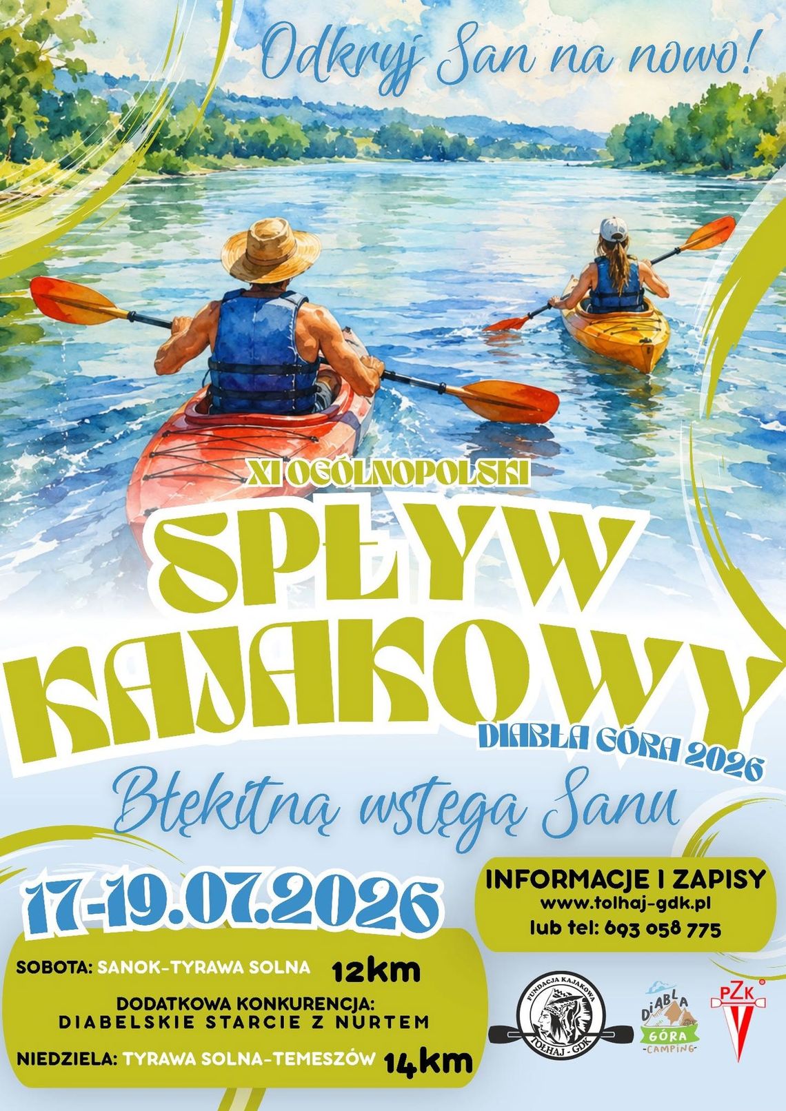 Plakat XI Ogólnopolskiego Spływu Kajakowego w Diablej Górze w dniach 17-19.07.2026