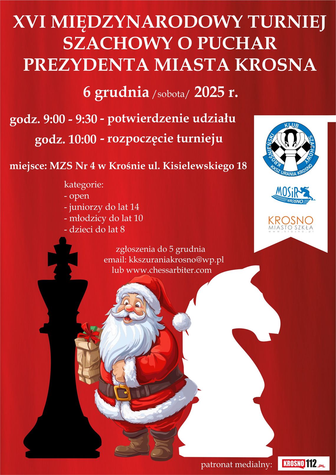 Plakat turnieju szachowego z postacią Świętego Mikołaja i szachownicą