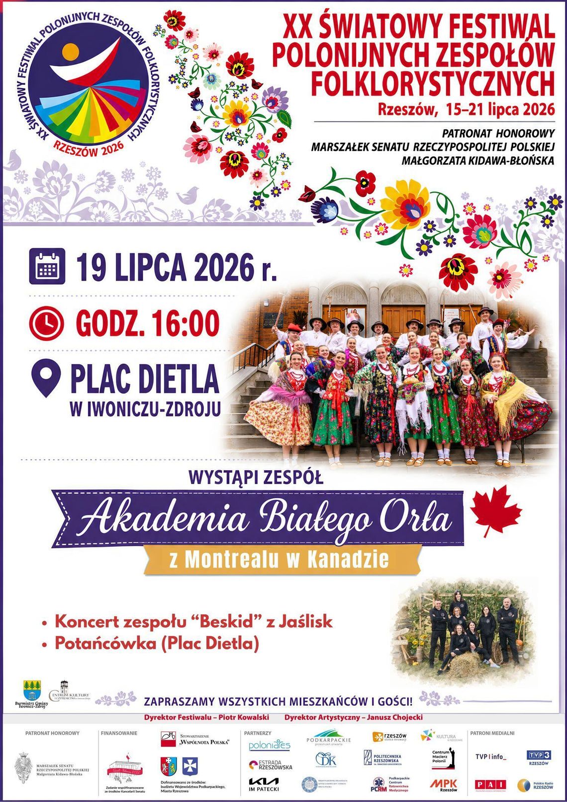 XX Światowy Festiwal Polonijnych Zespołów Folklorystycznych – Akademia Białego Orła Plakat wydarzenia XX Światowego Festiwalu Polonijnych Zespołów Folklorystycznych w Iwoniczu-Zdroju
