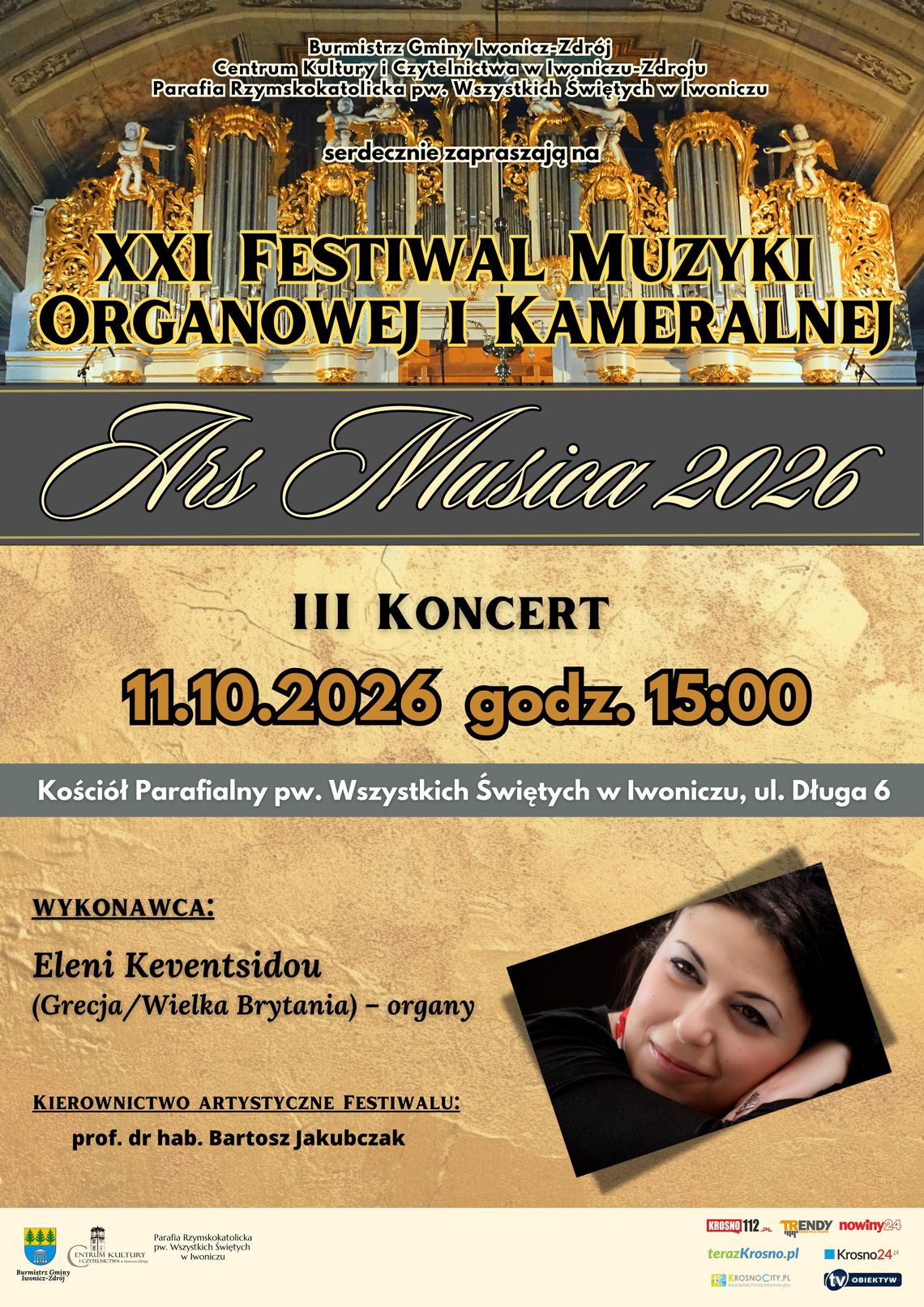 Plakat XXI Festiwalu Muzyki Organowej i Kameralnej Ars Musica 2026 z informacją o III koncercie w Iwoniczu