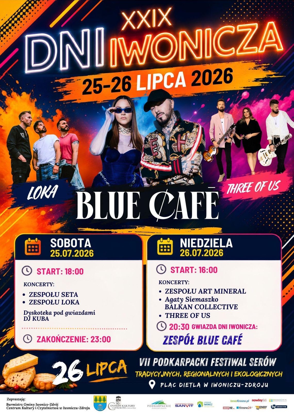 Plakat wydarzenia XXIX Dni Iwonicza z datą 25-26 lipca 2026 i artystami Blue Café, LOKA oraz Three Of Us