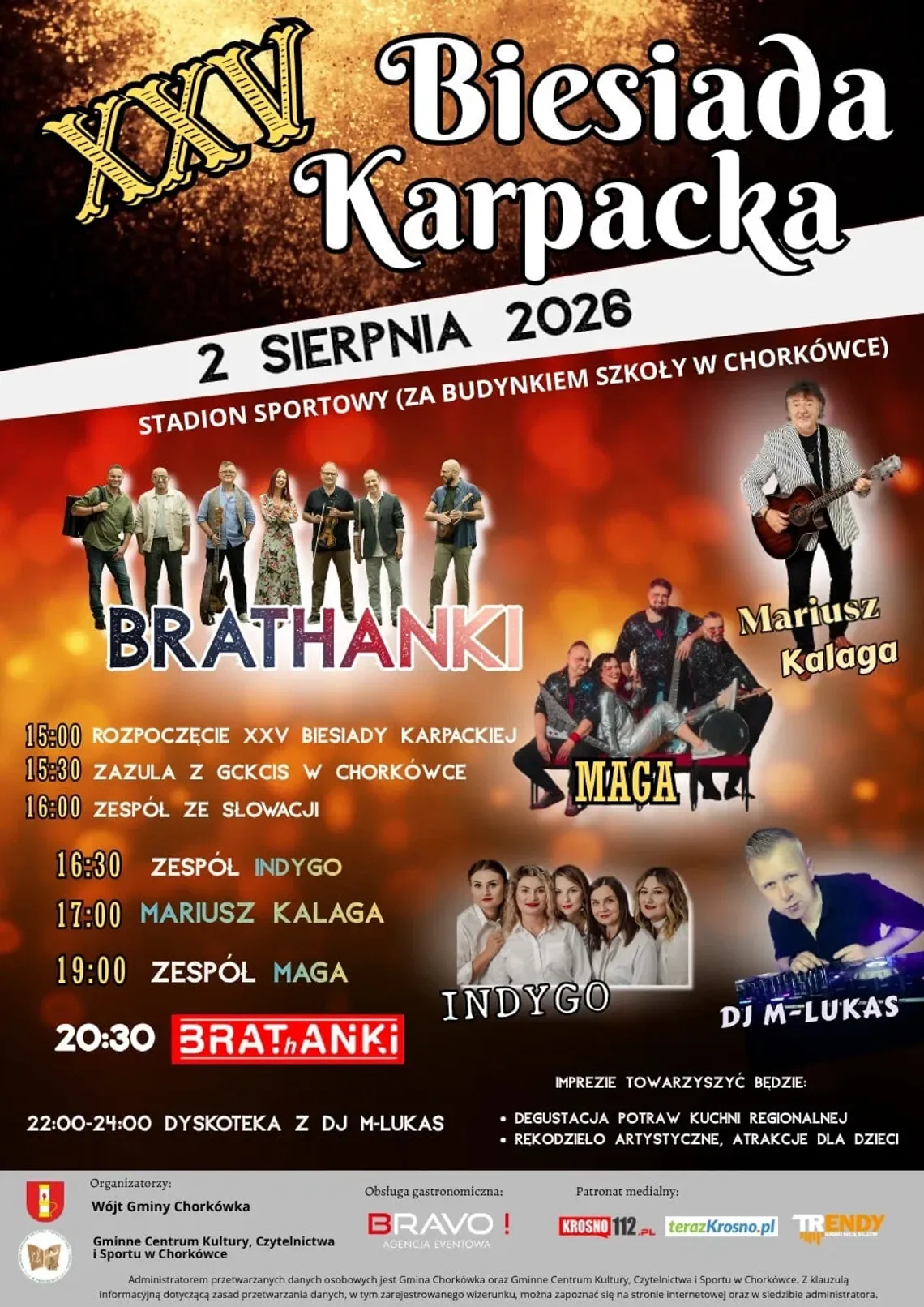 Plakat XXV Biesiady Karpackiej z programem koncertów i nazwami wykonawców