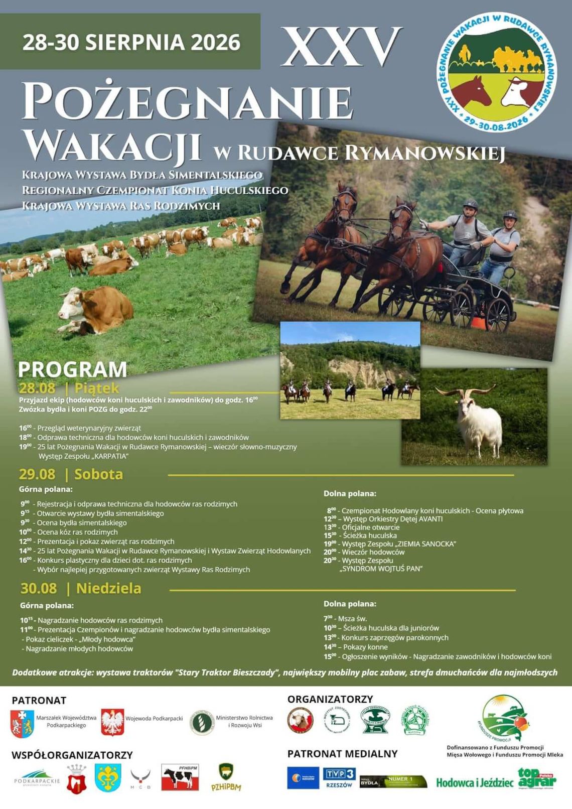 Plakat wydarzenia XXV Pożegnanie Wakacji w Rudawce Rymanowskiej z programem i zdjęciami zwierząt oraz zaprzęgu konnego