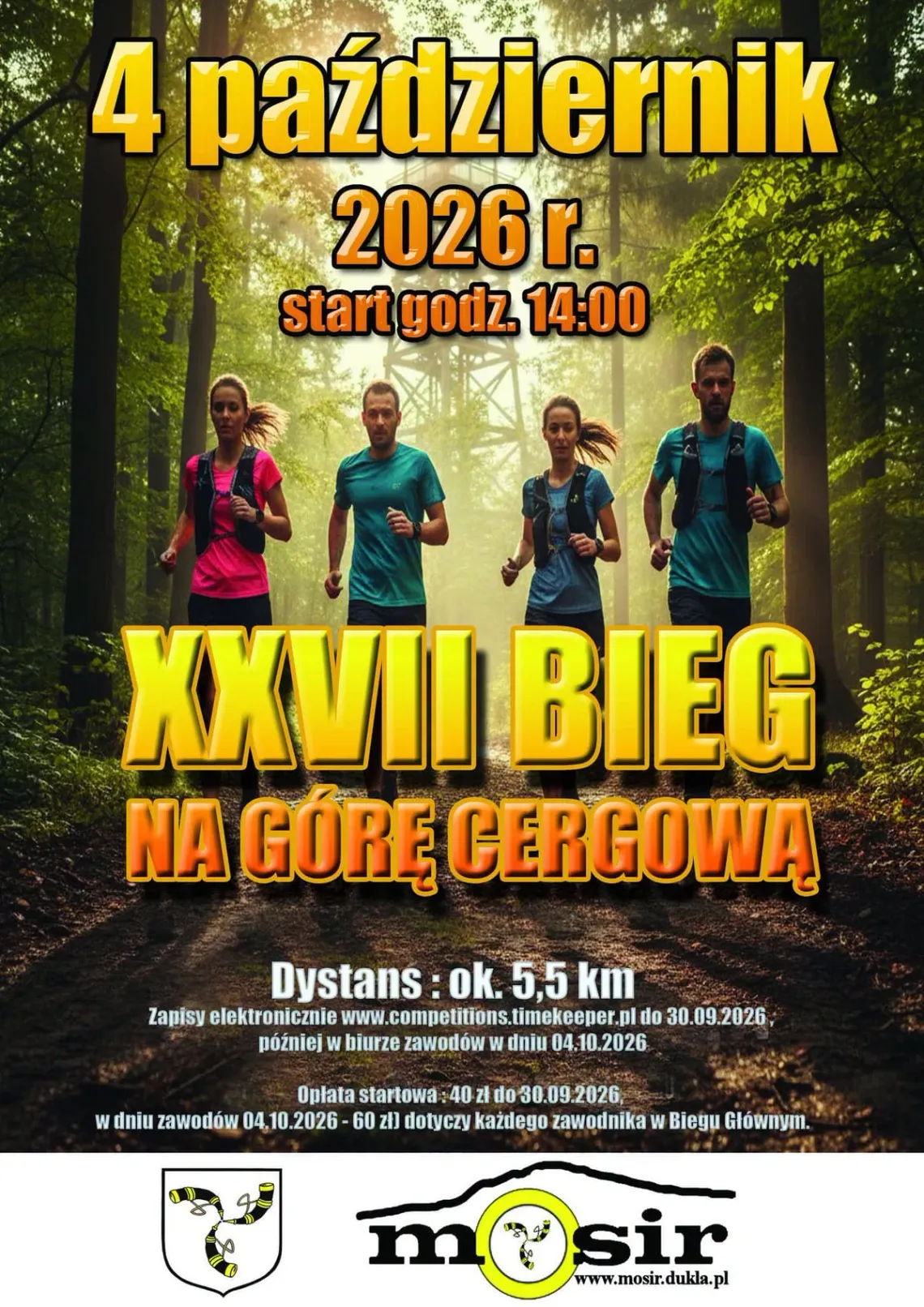 Plakat promujący XXVII Bieg na Górę Cergową z datą 4 października 2026 i startem o 14:00.