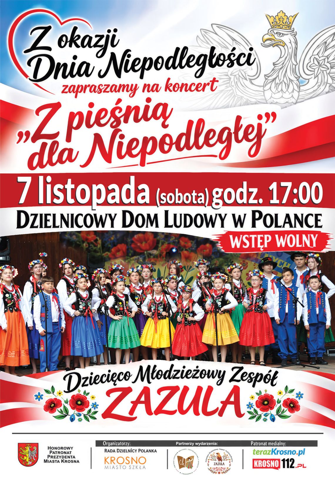 Plakat koncertu Z pieśnią dla Niepodległej z występem zespołu ZAZULA w Polance
