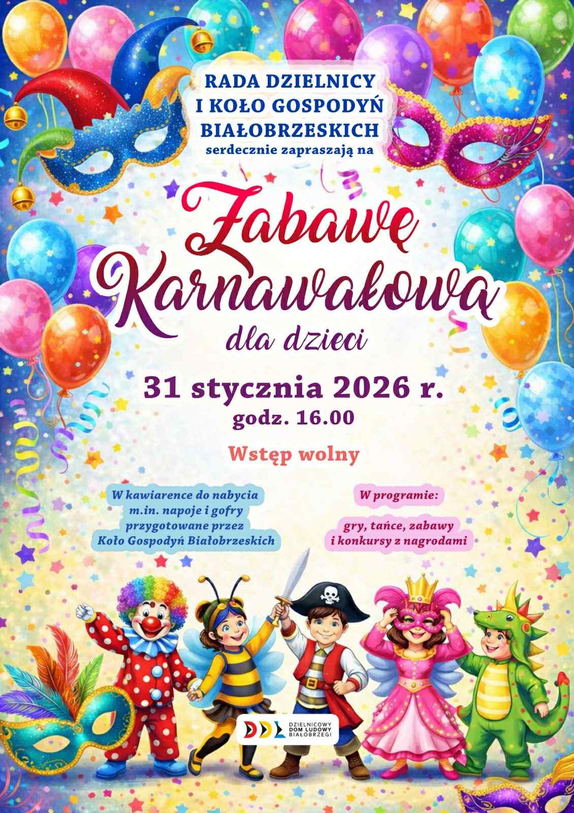 Zabawa Karnawałowa dla dzieci Plakat promujący zabawę karnawałową dla dzieci