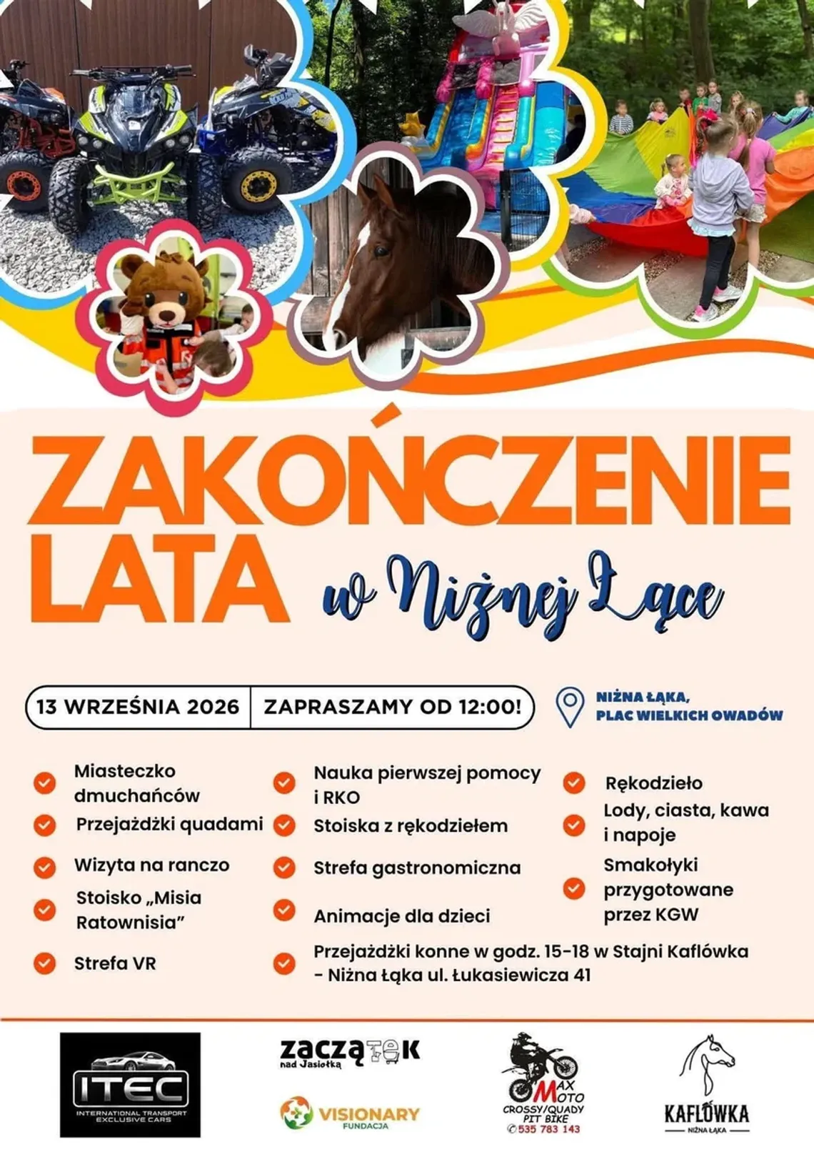 Zakończenie Lata w Niżnej Łące Plakat wydarzenia Zakończenie Lata w Niżnej Łące z listą atrakcji dla rodzin i dzieci