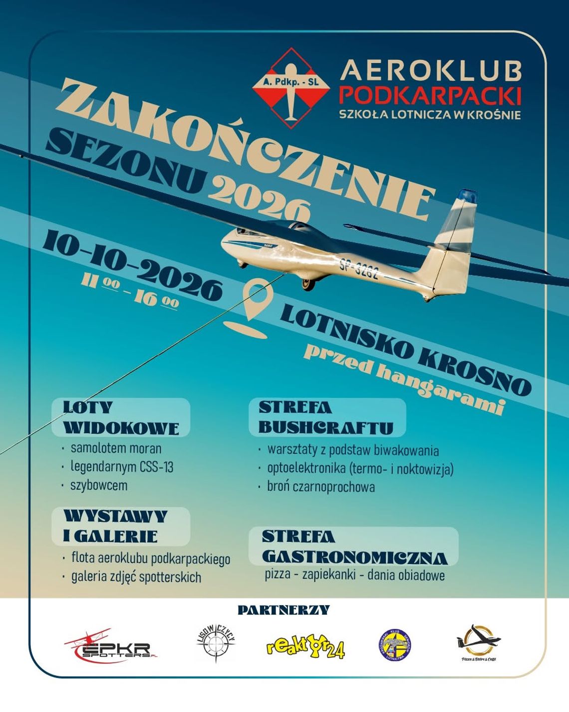 Zakończenie sezonu 2026 na lotnisku w Krośnie Plakat wydarzenia Zakończenie sezonu 2026 organizowanego przez Aeroklub Podkarpacki w Krośnie