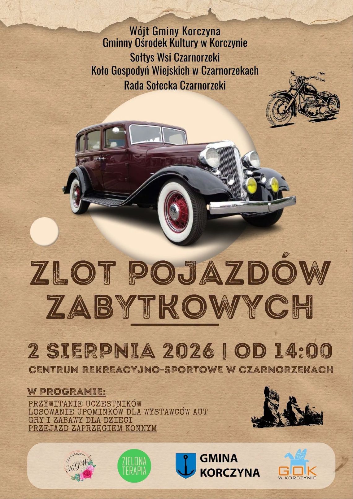 Zlot Pojazdów Zabytkowych w Czarnorzekach Plakat wydarzenia Zlot Pojazdów Zabytkowych w Czarnorzekach z zabytkowym samochodem na środku