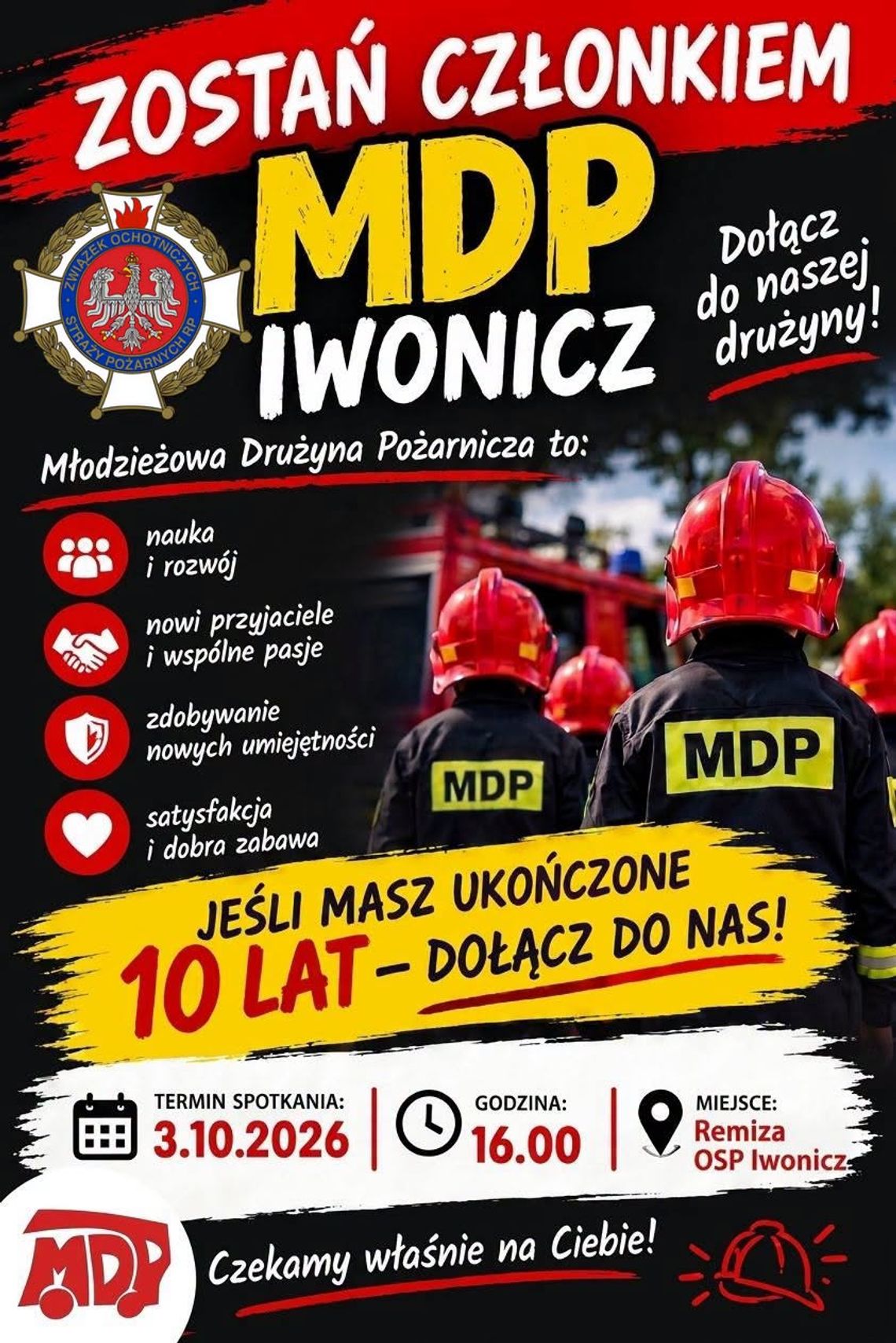 Plakat rekrutacyjny MDP Iwonicz zachęcający do dołączenia do Młodzieżowej Drużyny Pożarniczej