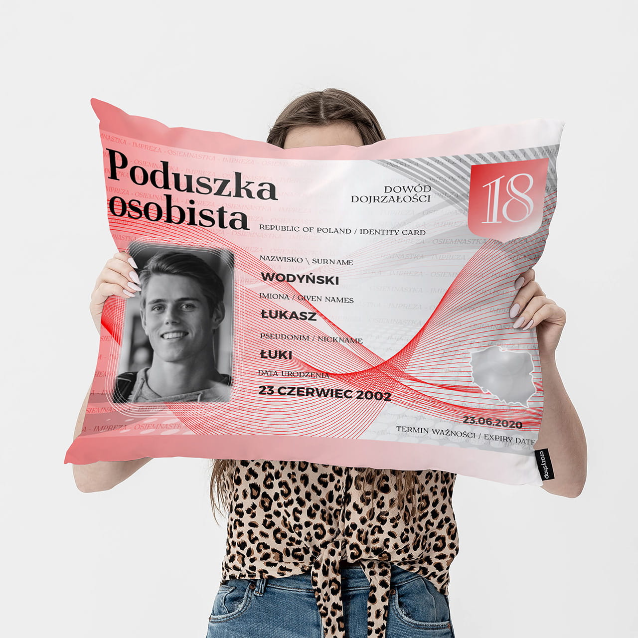 Poduszka DOWÓD OSOBISTY prezent na 18 urodziny